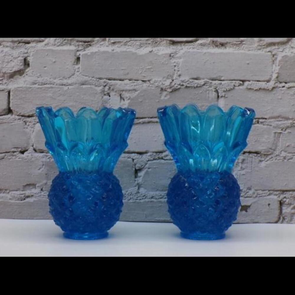 Vintage Indiana Tiara Blue Glass Pineapple Candleholders- Set of 2
